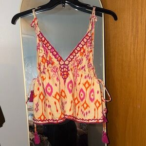 Zara Cream Embroidered Tie-Strap Camisole with Pink & Orange Accents